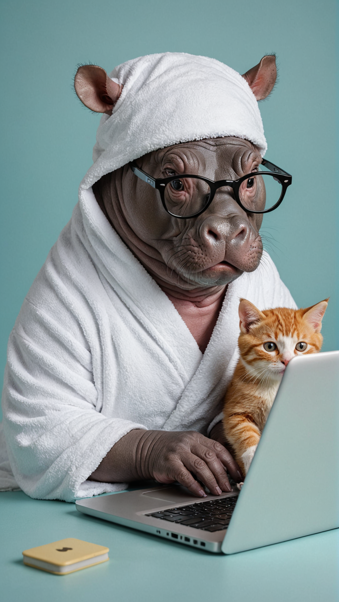 03321-617161138-Cute hippo with black glasses and white bathrobe typing on laptop with a cute kitten on its head, Jamie Hayden, George Stubbs, P.png